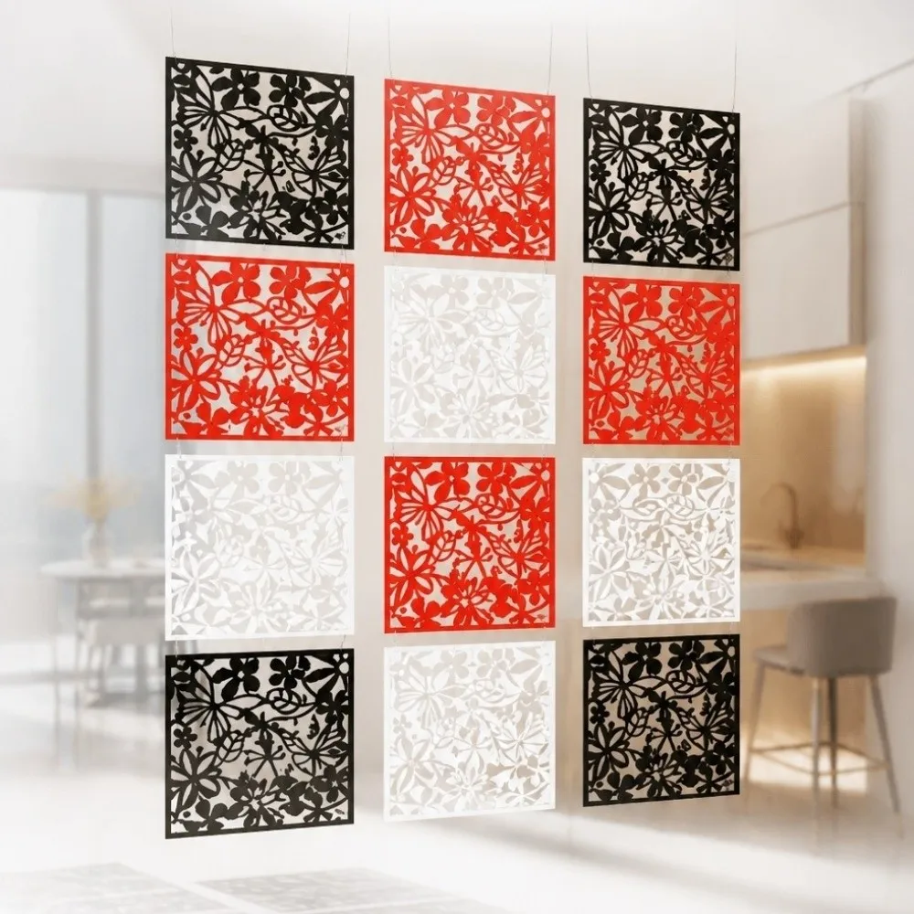 9Pcs Hollow Pattern Hanging Partition Screen Flower Carving Square Shape Room Divider Curtain No Drilling Minimalist