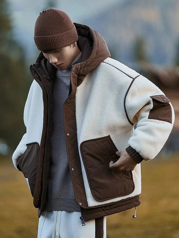 

Men's Thiened Autumn Winter down Jaet Lamb Velvet Warmth Splicing Workwear Outerwear Zipper Closure Color Youth Fas...