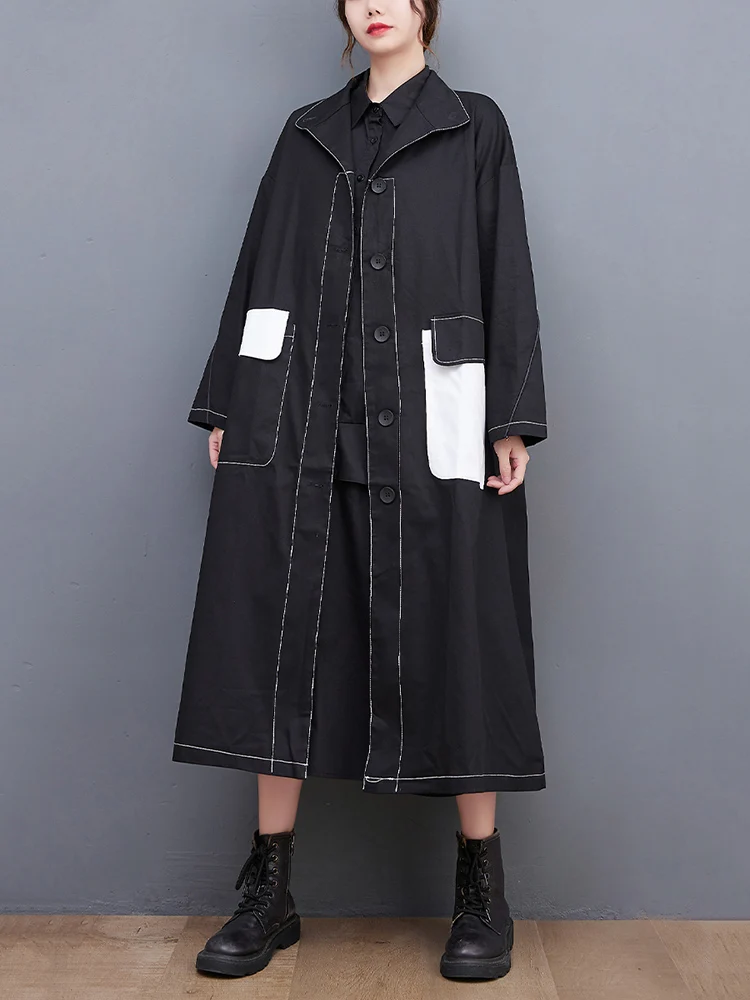 2024 Spring Autumn New Black Vintage Oversized Long Trench Coat For Women Clothes Pocket Fashion Casual Loose Outerwear Cardigan