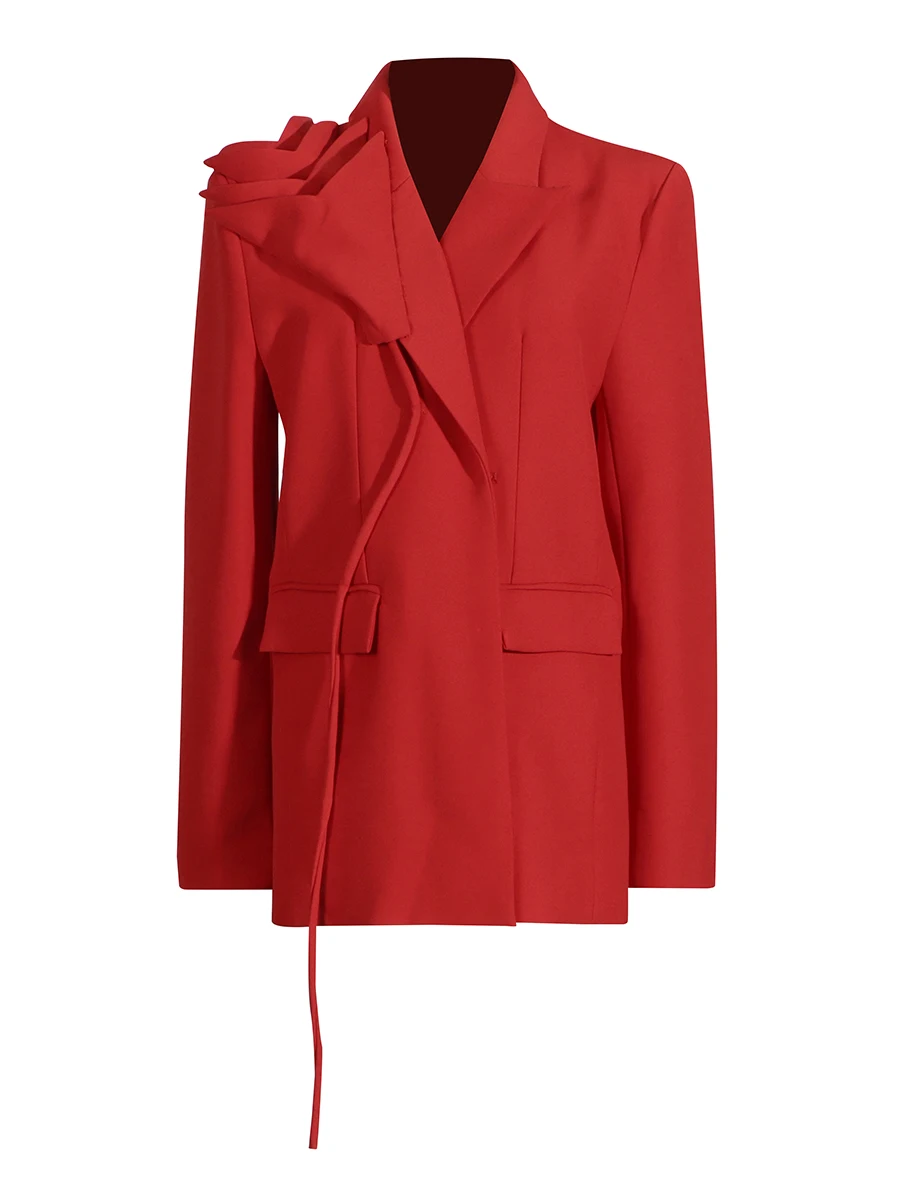 VGH Women's Elegant Fashion Events Red Blazer with 3D Shoulder Detail Notched Collar Drawstring Waist Blazers for Luxury Dinners