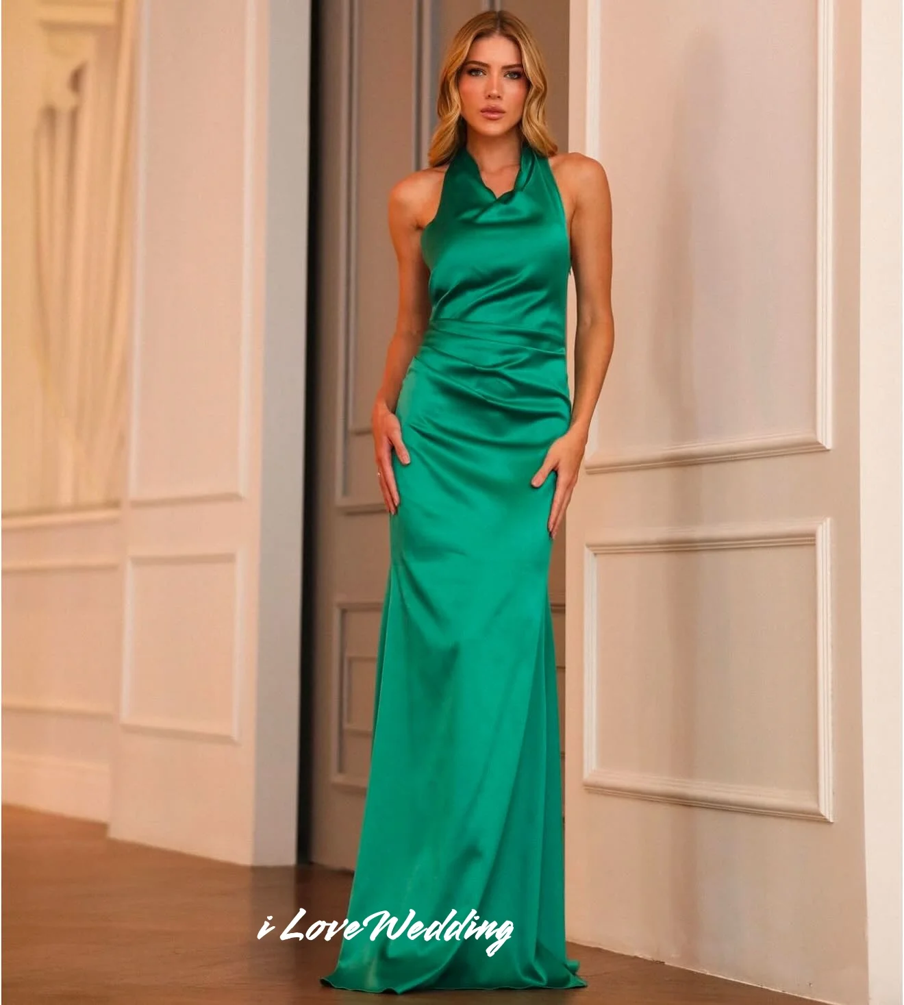 

Green Halter Evening Dresses 2025 Sleeveless Backless Mermaid Floor-Length Prom Dress Pleated Wedding Party Dresses Customized