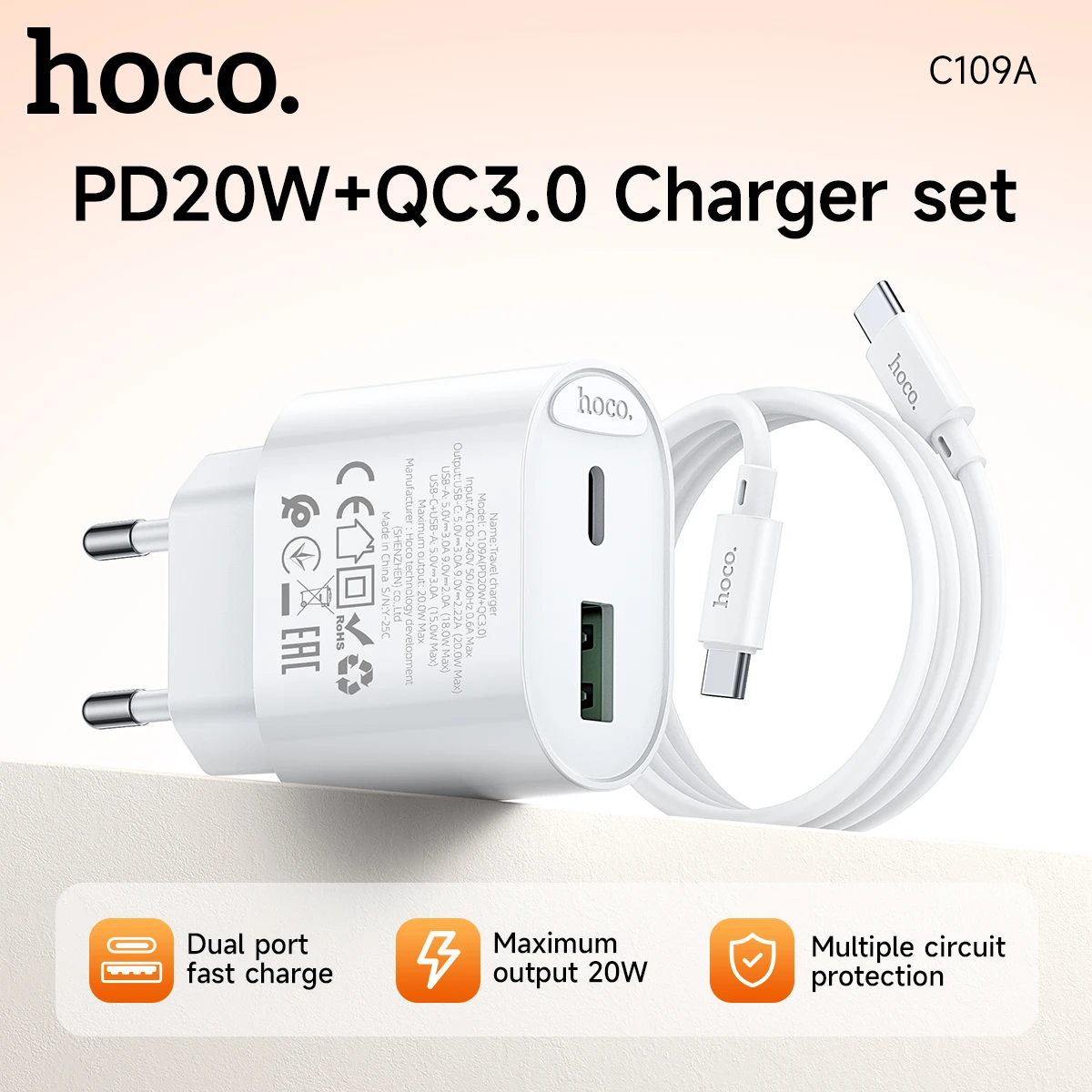 HOCO PD20W QC3.0 Fast Charging Phone Charger For Xiaomi 15 17 Ultra PD3.0 USB C Port Travel Wall Adapter For Huawei P30 P40 Pro