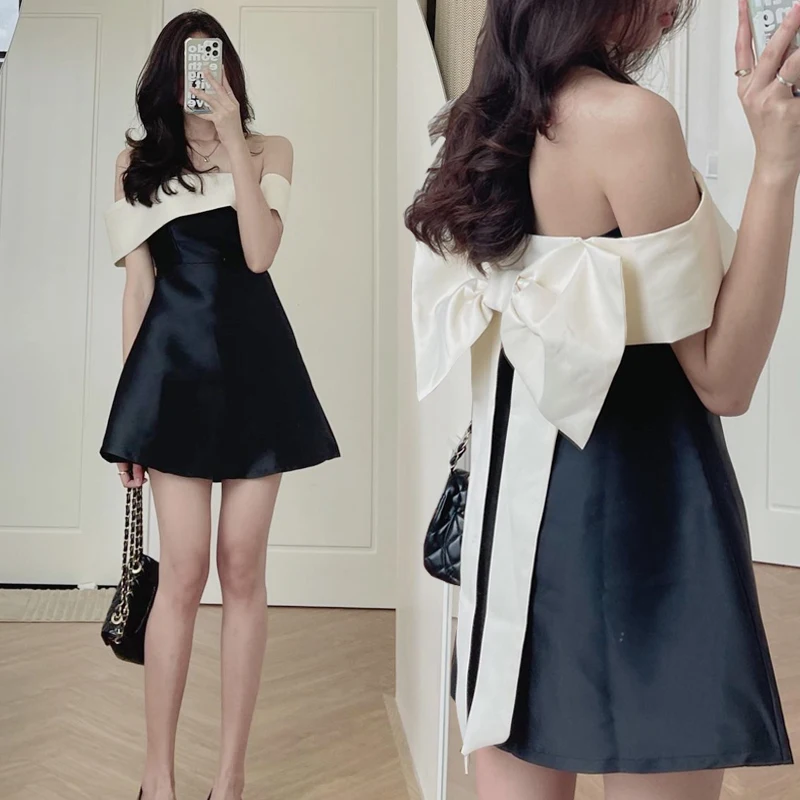 

2022 Summer Casual Solid Beach Women Dress Elegant One Word Collar Dress Sexy Off Shoulder Bowknot Pleat A-Line Dress