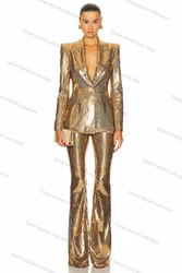 Golden Sequins Women Suit Pants Set 2 Piece Blazer+Trouser Luxury Wedding Tuxedo Formal Office Lady Jacket Customized Size