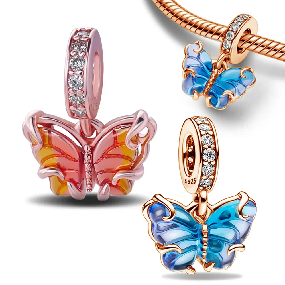 Borboleta de Vidro Murano Dangle Charme Beads para Mulheres, 925 de Prata, Azul e Rosa, Fits Pandora Pulseira, Colar, Presente DIY Jóias