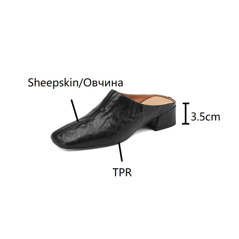 Genuine Leather Shoes Women Square Toe Chunky Heel Women Mules Concise Sheepskin Women Slippers Black Handmade Shoes for Women