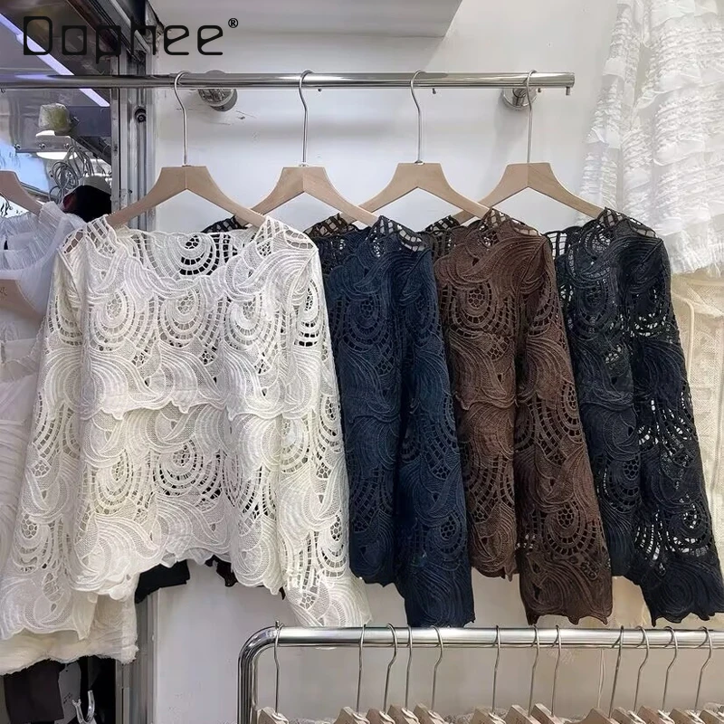 

French Elegant Sweet Lace Embroidered Shirt Women Fashion Long Sleeve Hollow Vintage Loose Versatile Round Neck Top Autumn New