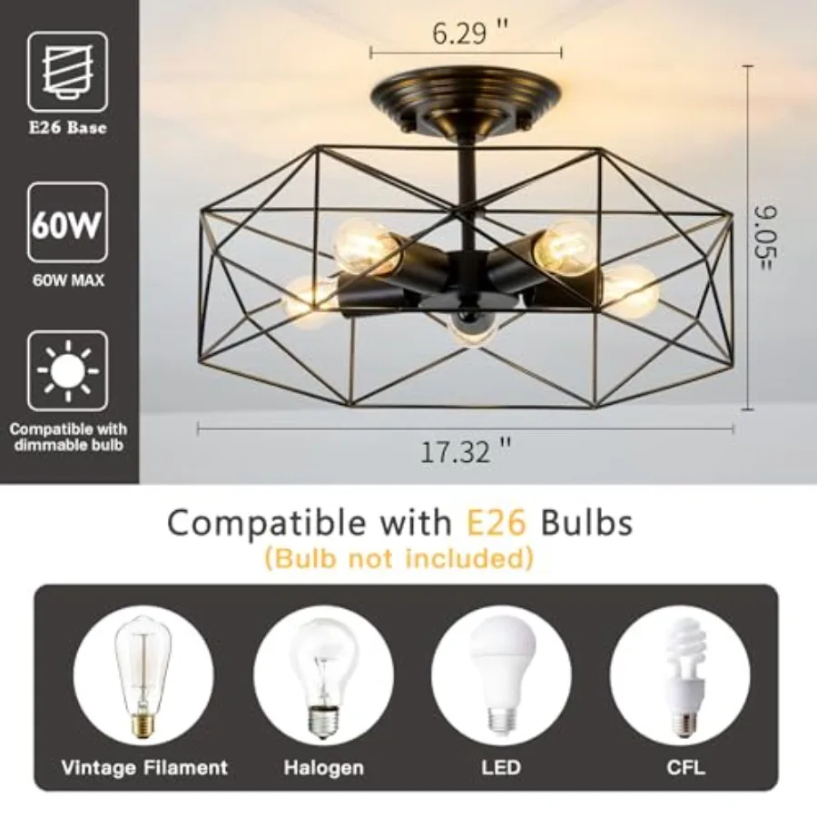 5-Light Farmhouse Semi Flush Mount Ceiling Light Fixture, Modern Ceiling Light, Industrial Close to Ceiling Light with Metal He