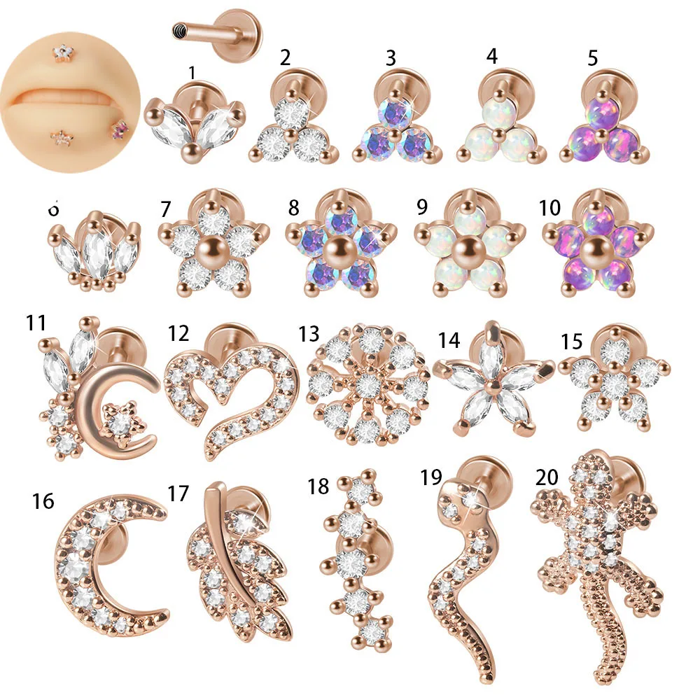 1PC 316L Surgical Steel 16G Rose Gold Plated Cz Labret Lip Ring Flower Shape Ear Cartilage Tragus Helix Daith Piercing Jewelry