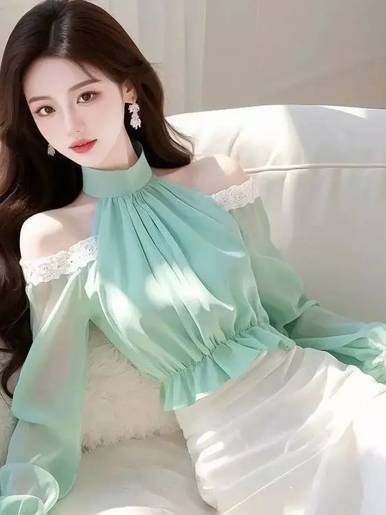 

Spring Summer 2025 Blue Ne Hanging Chiffon irt Women's Lace oulder Exposure Ele Aosphere Korean Sle Long Sve