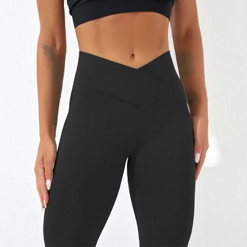 Imagen 2 del producto Pantalones acampanados ajustados para mujer, mallas de cintura cruzada, sin costuras, para gimnasio, correr, ciclismo, tejido, Yoga, elásticos, levantamiento de glúteos, pantalones de cintura alta