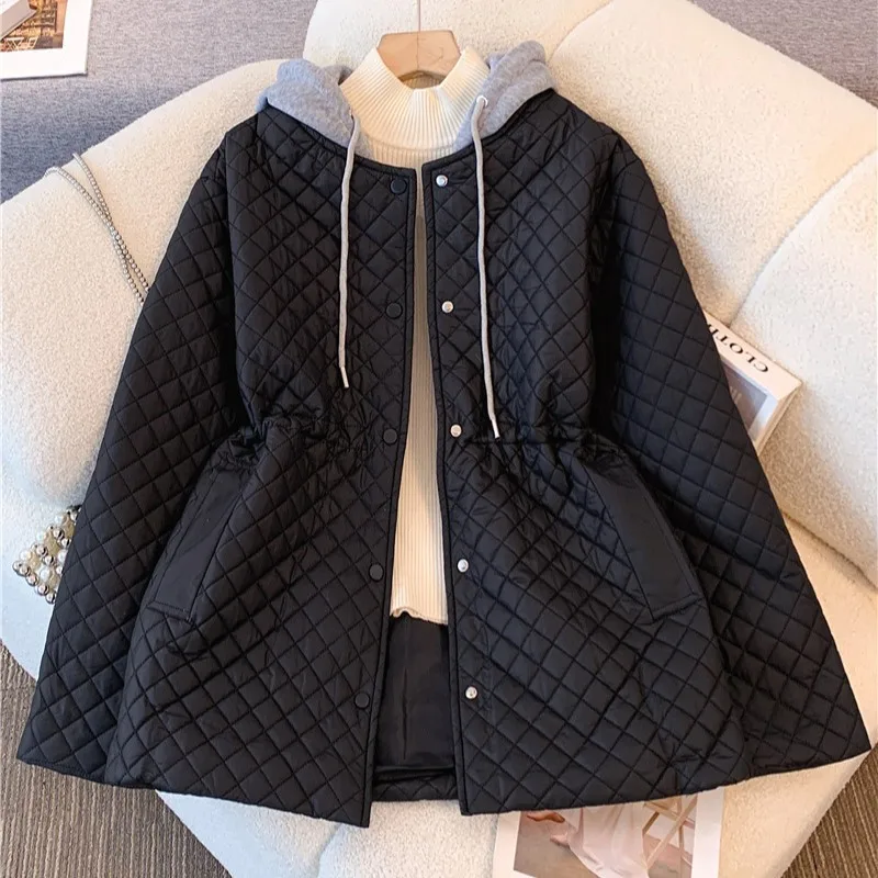 

Black Hooded Cotton Jacket Women's Spring Autumn Diamond Grid Drawstring Top Fashion Long Sleeved Versatile Slim Fit Warm Coat