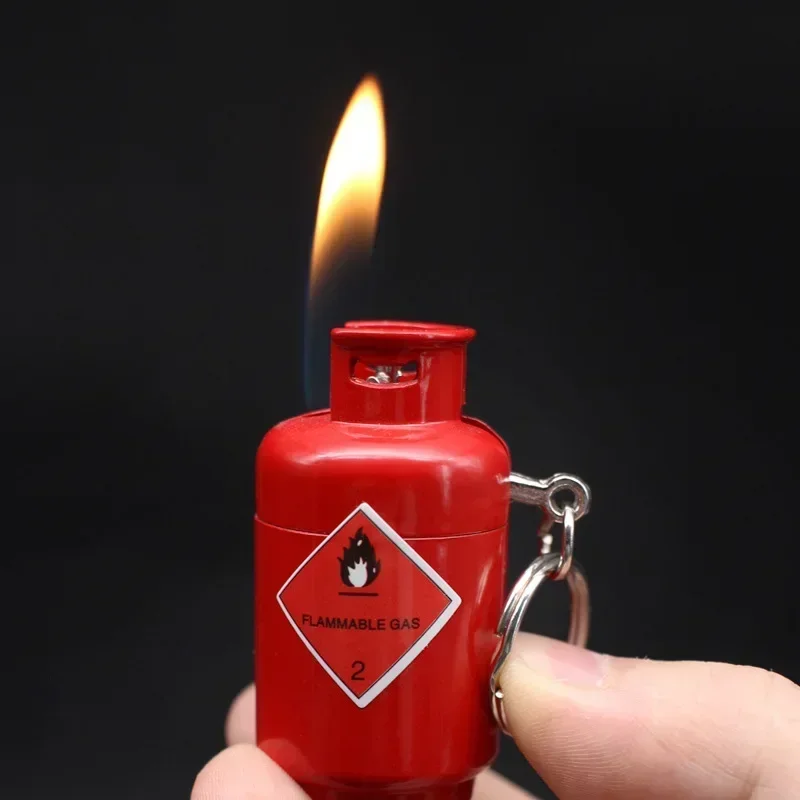 Funny Gas Cylinder Style Lighter with Keychain Inflatable Gas Butane Cigarette Lighters Smoking Accessories Gadget for Men