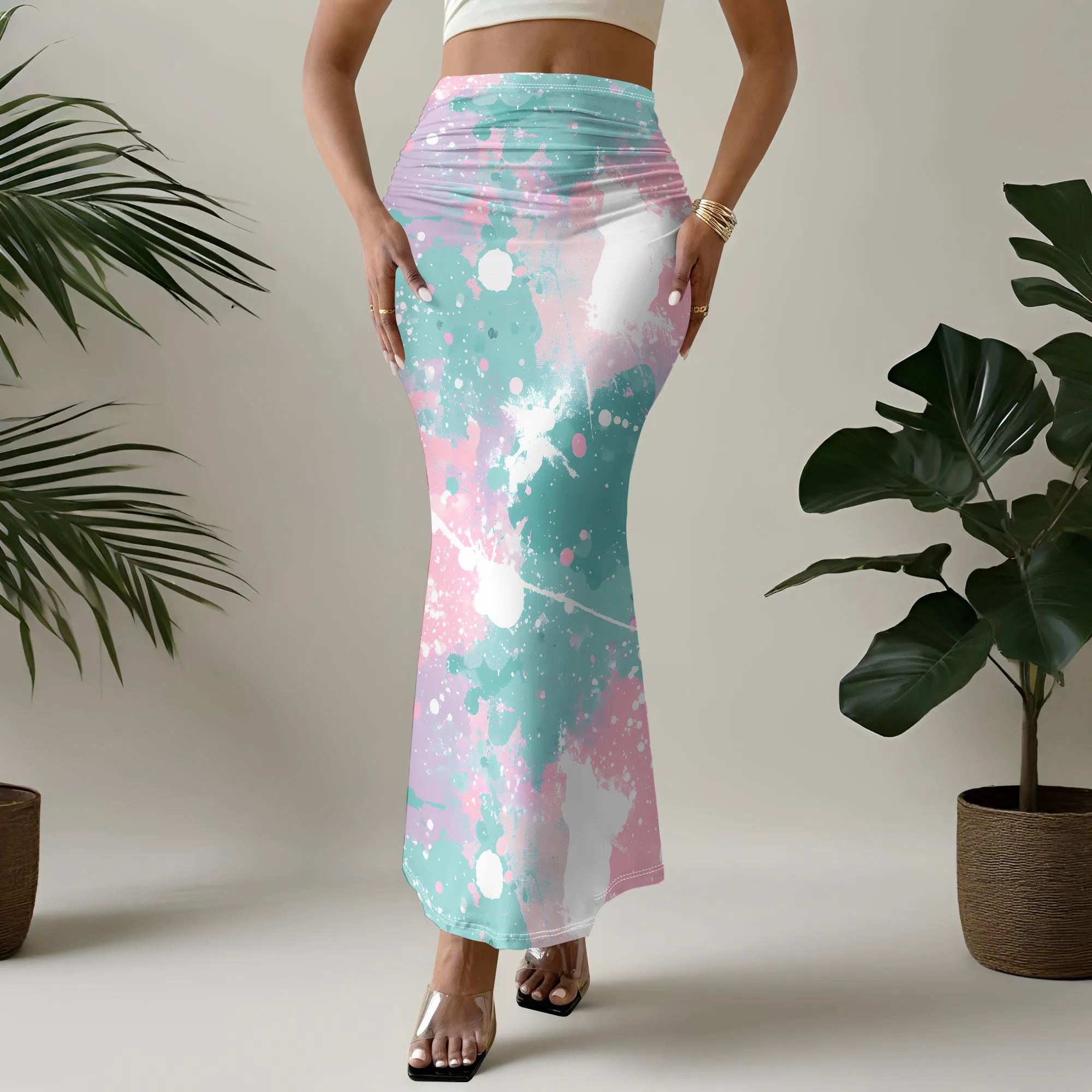 Abstract Paint Splatter Skirt, Pastel Tie Dye Maxi Skirt, Watercolor Art Print Mermaid Skirt, Beach Party Wear, S-2XL