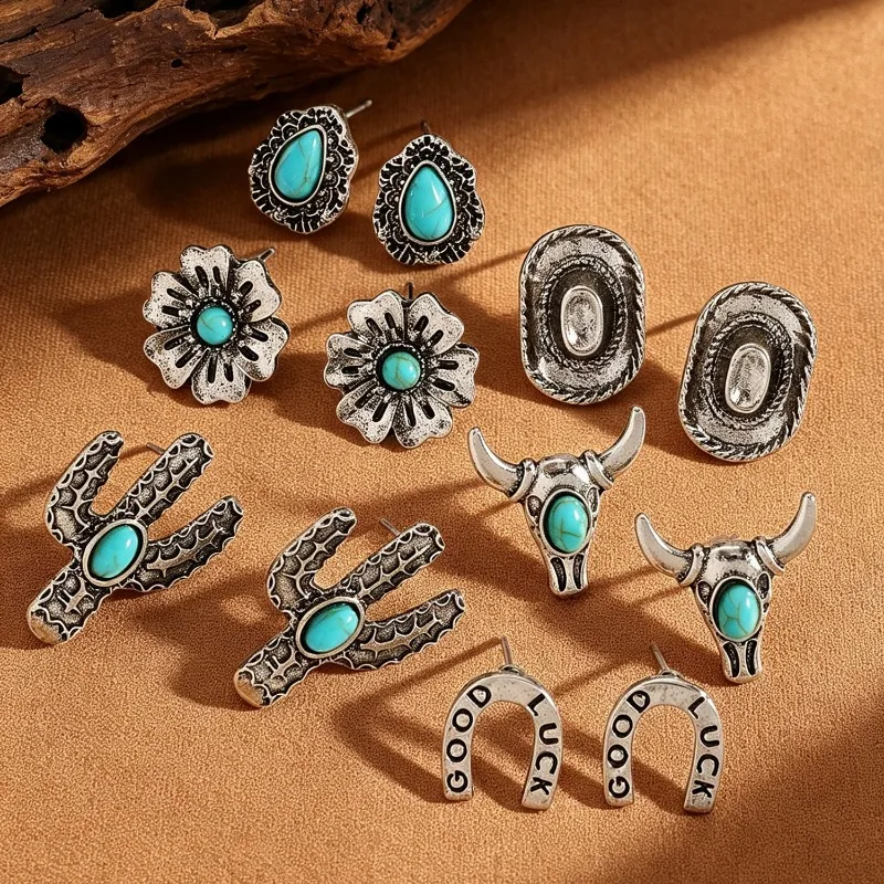 Western denimstyle turquoise stud earrings 6-piece set retro and old bull's head horseshoe flower combination earstuds wholesale