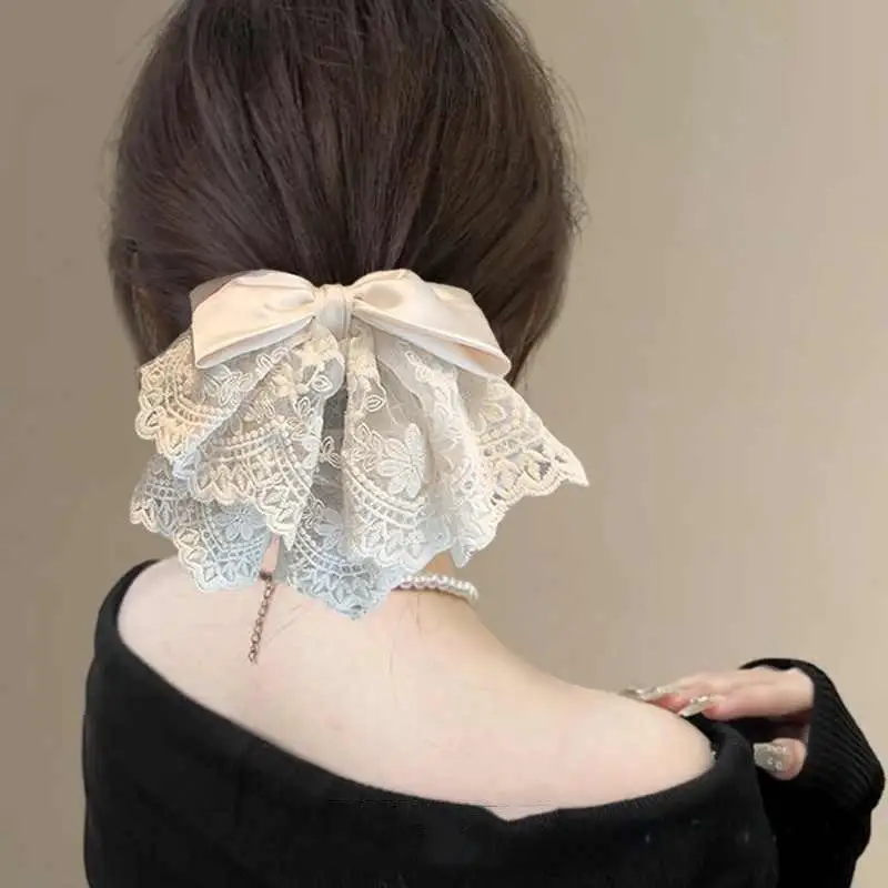 French Elegant Ballet Style Lace Satin Bow Ponytail Hair Clip, Gentle And Sweet Shark Clip Hair Ornament On The Back Of Head