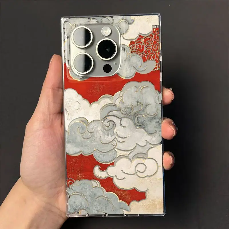 Beautiful Red Auspicious Clouds Phone Case For iPhone 17 16 15 14 13 12 11 Pro Max PLUS Air INS Transparent Rectangle Soft Cover