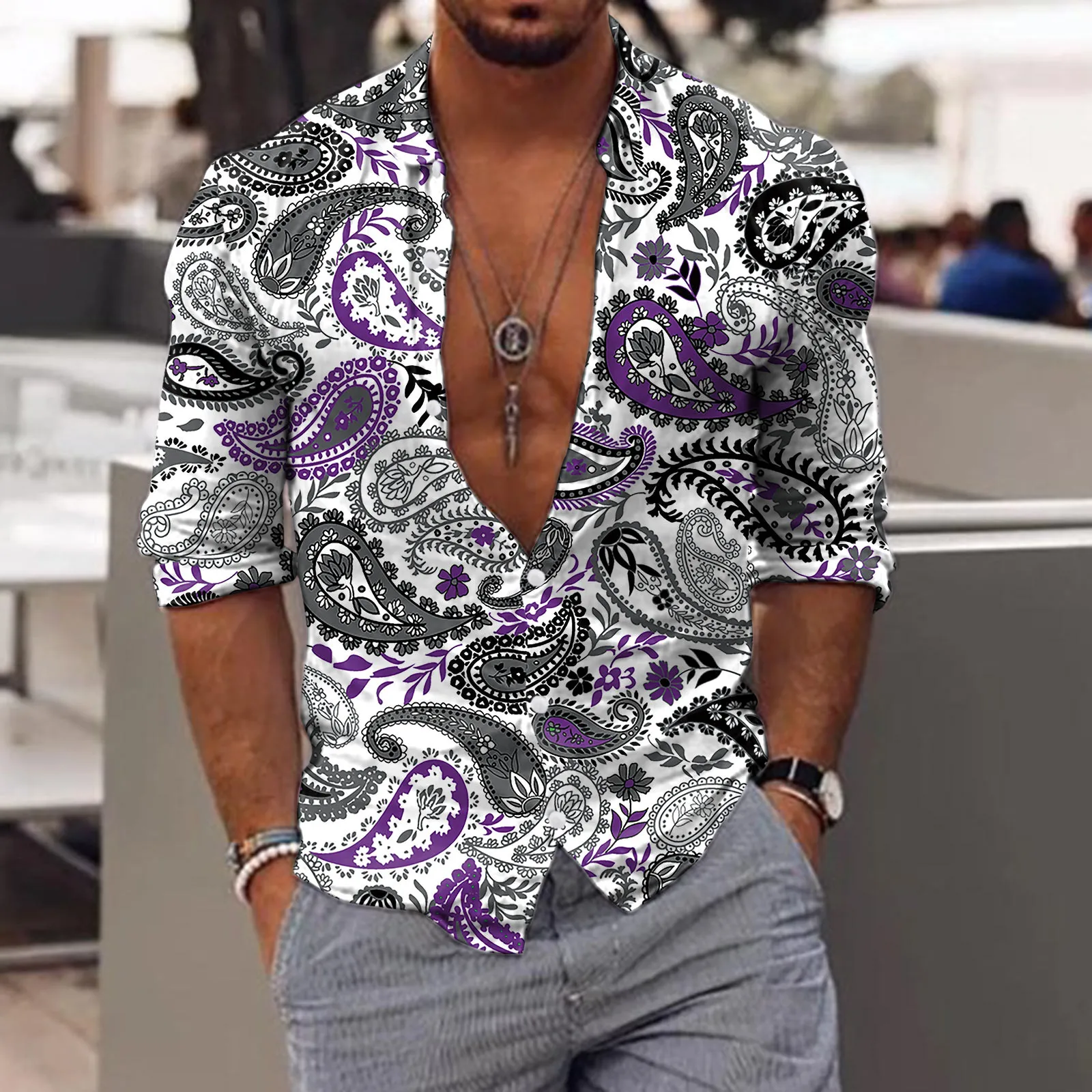 Ethnic Shirts Men Long Sleeve Autumn Winter Fashion Paisley Flower Printed Top Vintage 3d Digital Print Streetwear Shirts Camisa