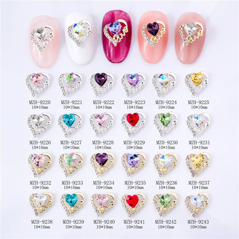 10 Pezzi/Lotto Charm di Lusso per Nail Art, Gioielli a Forma di Cuore in Cristallo e Lega, Strass Dorati e Argentati, Decorazioni per Manicure