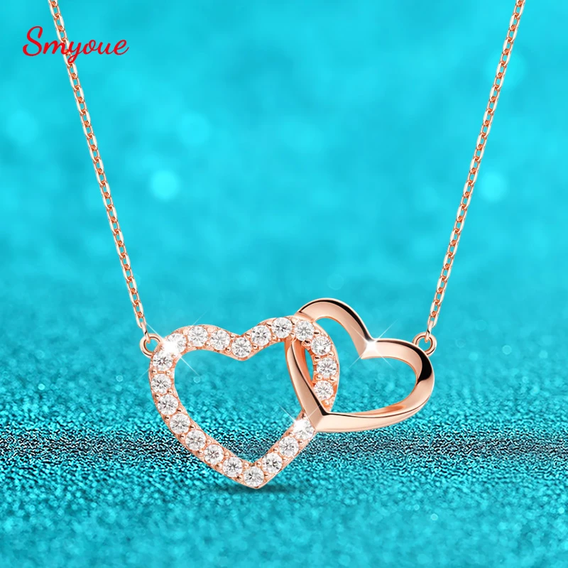 Smyoue 2MM Doulble Heart Moissanite Necklace for Women Girls Birthday Gift  Sterling Silver 925 Jewelry Lab Diamond Chain GRA