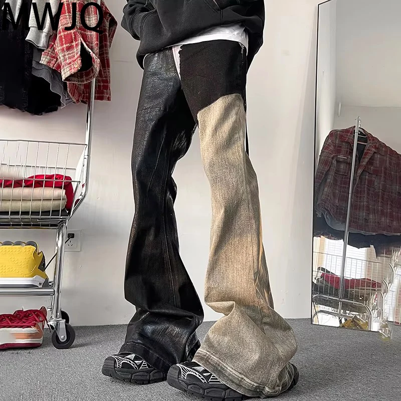 

MWJQ Male American Spliced Flared Jeans Men's Hiphop Contrast Color Streetwear Loose Fashion Summer Niche Design Pants 010158