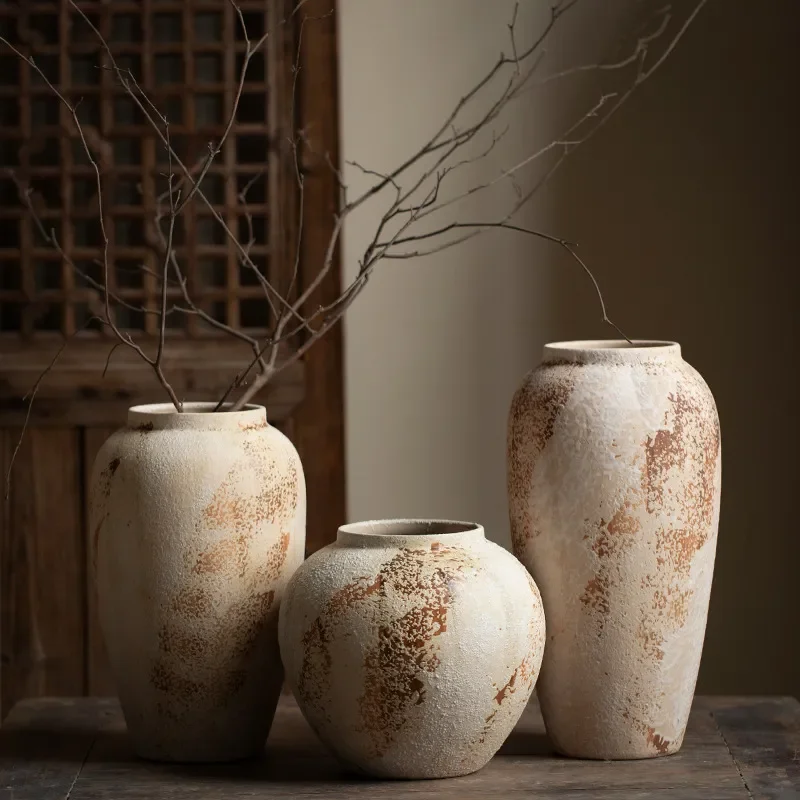 Wabi Sandy Wind Vase Retro Old Decoration Ornament Mottled Coarse Pottery Jar Entrance Flower Arrangement Ceramic Vase
