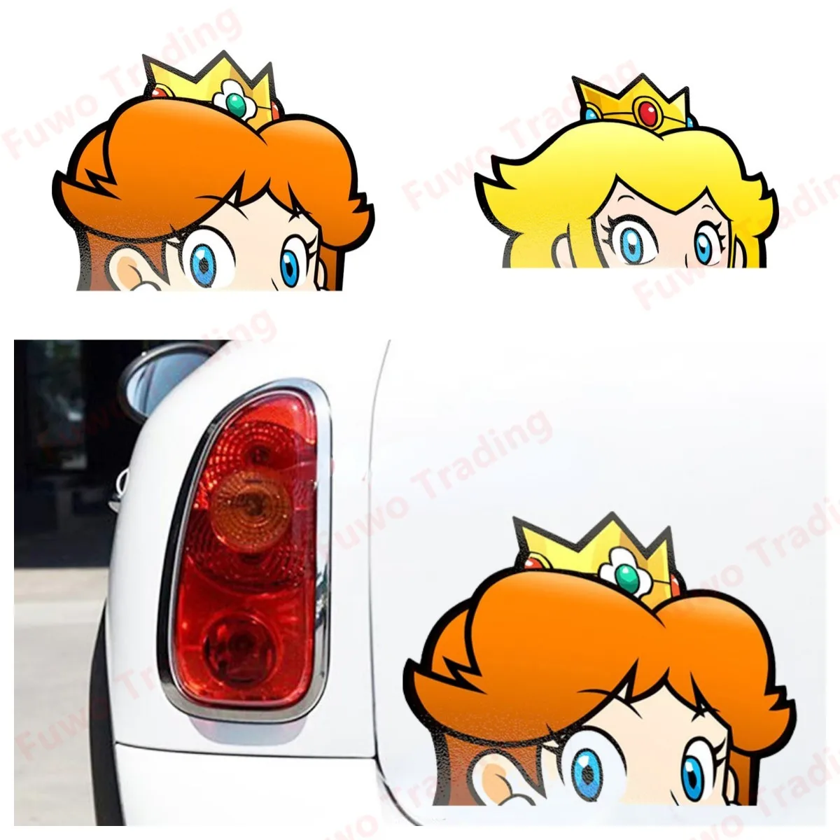 Fashionable Cartoon Princess Peach Peeker Car Sticker Chibi Big Head Flower Princess Decal JDM Car Window Decoration