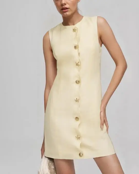 

Summer New Elegant Temperament Intellectual Lady Style Solid Color Simple Shell Metal Button Front Sleeveless Women's Dress