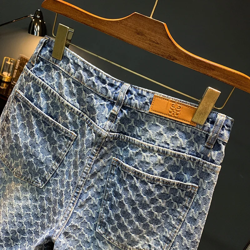 Jacquard denim shorts men's summer 2025 thin casual blue trendy brand loose design five quarter pants