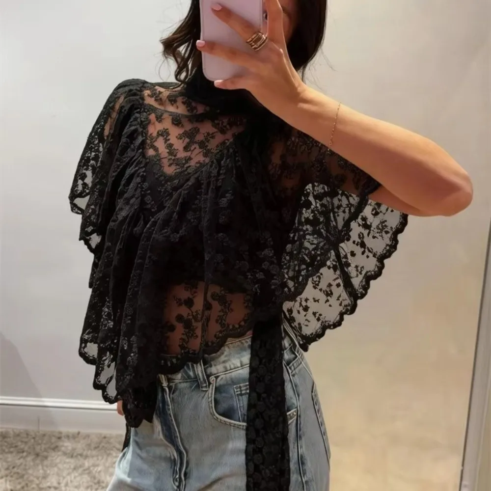 Vintage Mesh Ruffled Crop Tops Sheer Fabric Asymmetrical Design Flutter Sleeves Top Ruffled Hem High Neck Irregular Hem Tops