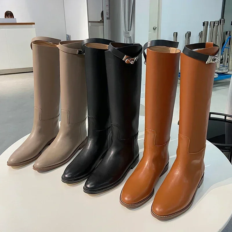 Yozcttaa Size 34-40 Women Knee Boots Genuine Leather Ruched Flats Heel Shoes Fall Winter 2025 Ins Wide Calf Slip On Long Boots