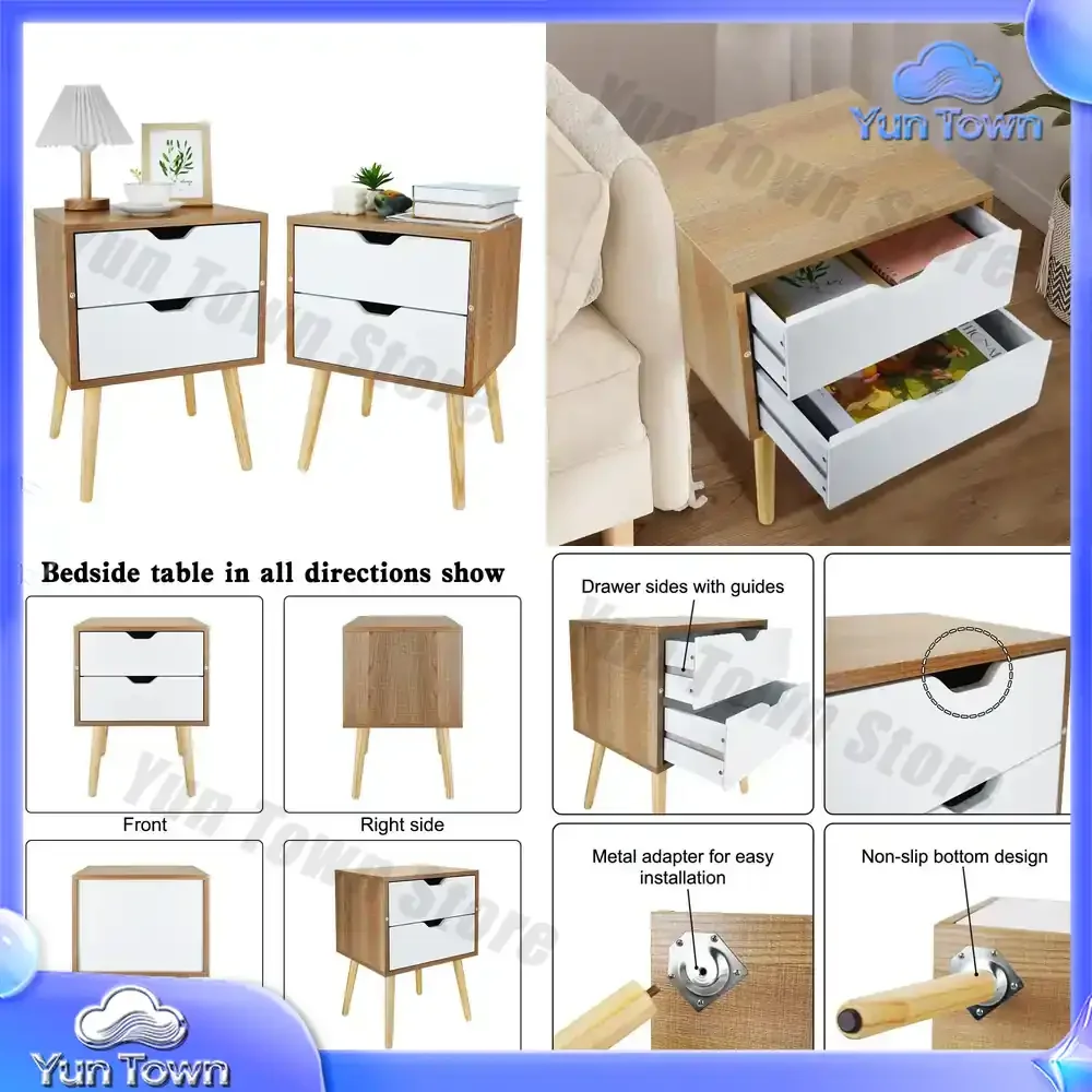 Modern Wood Nightstand Set 2 Small End Table With Drawer Bedroom Furniture 2-Tier Night Stand Bedside Table For Bedroom