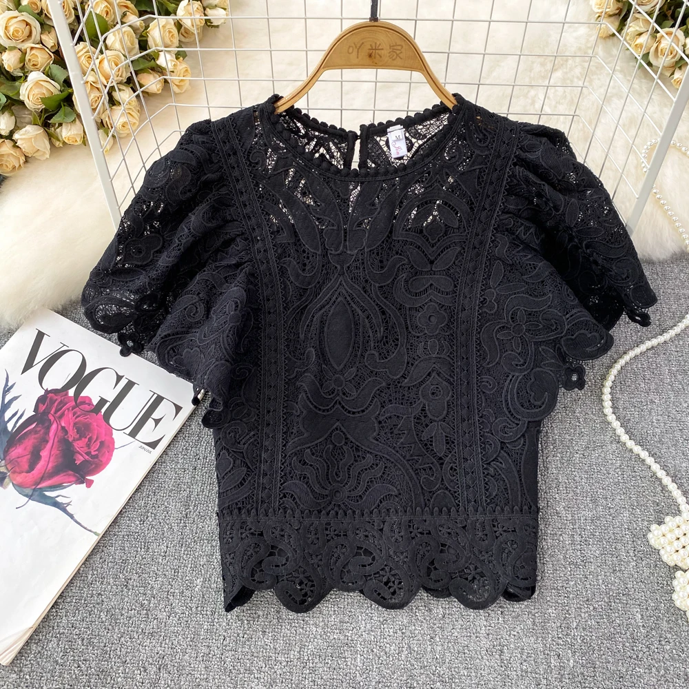 Vintage Lace Hook Flower Hollow Out Shirt Women Blouses Solid 2024 Summer Vintage Blusas Mujer Korean Fashion Sweet Short Shirts