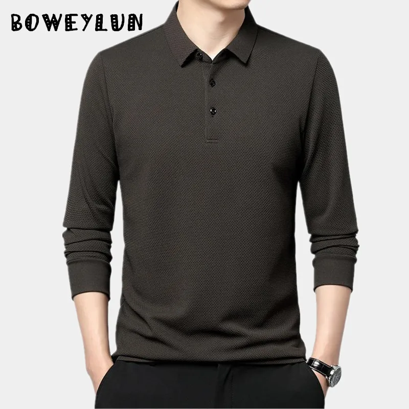 

BOWEYLUN Spring/Autumn New Honeycomb Pattern Long-Sleeved Polo Shirt Men's Solid Color Business Casual Top Male