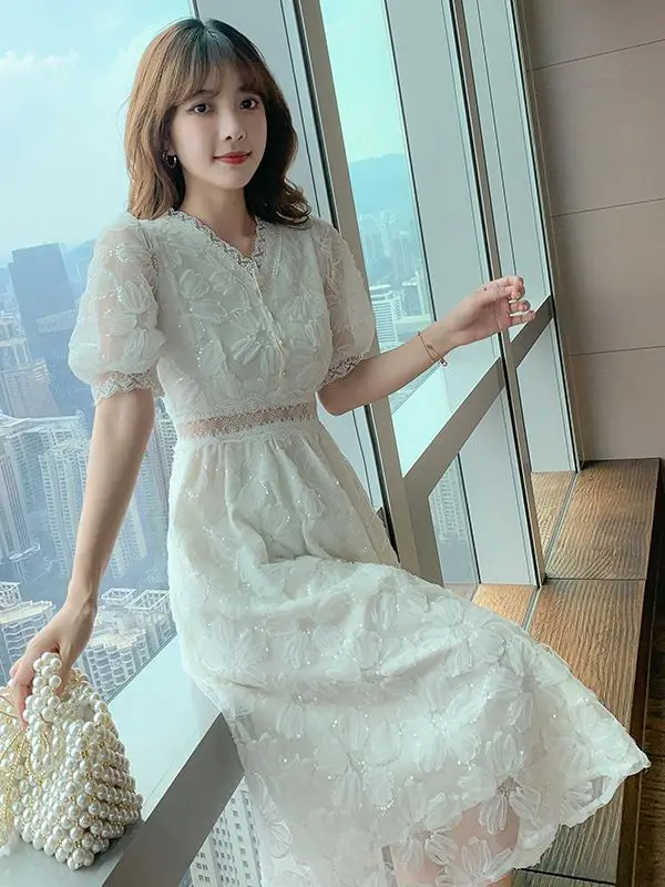 Korean Vintage Women Clothes Fashion Floral Embroidery Elegant Puff Sleeve Vestidos Hollow Out Midi Robe Summer White Lace Dress