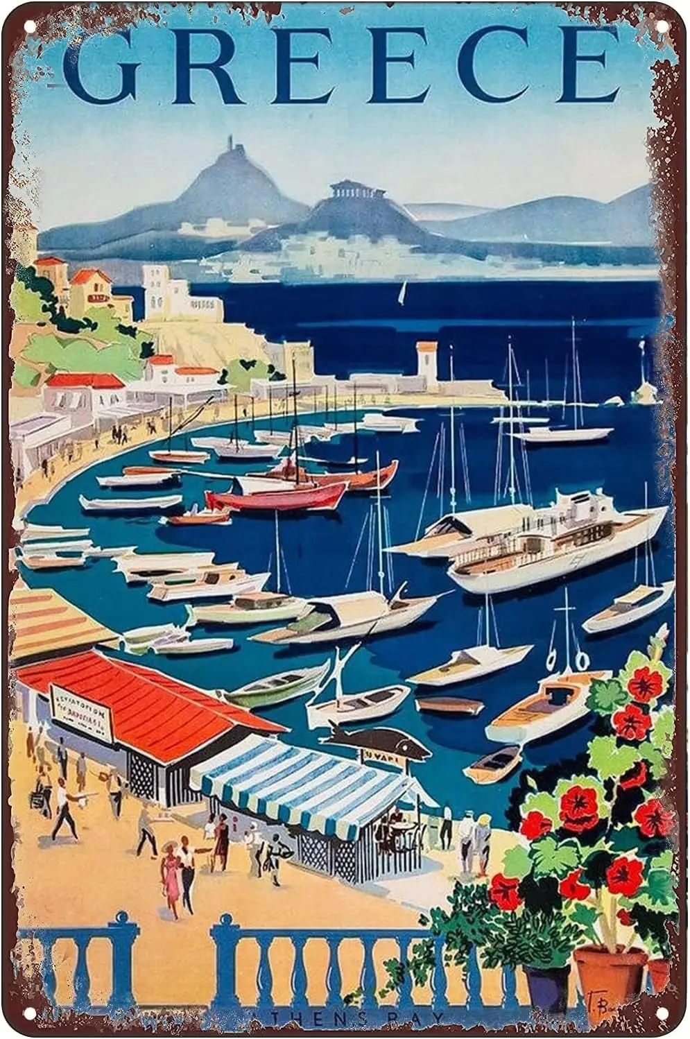 Retro Metal Tin Sign - 1955 Greece Athens Bay of Castella Greek Island Europe Travel Ad Poster - Wall Art Decor for Home Bar Pub