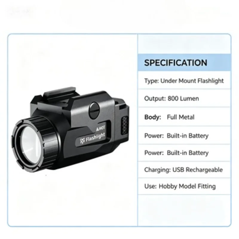 USB Recharge Built-in Battery Full Metal Flashlight 800 Lumen Under Mount Hobby Model Fittings