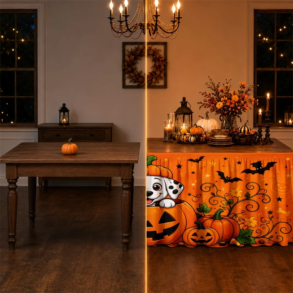 Party tablecloth and table skirt - 1 piece - Halloween pumpkin dog bat flower swirl orange - suitable for home usezyc