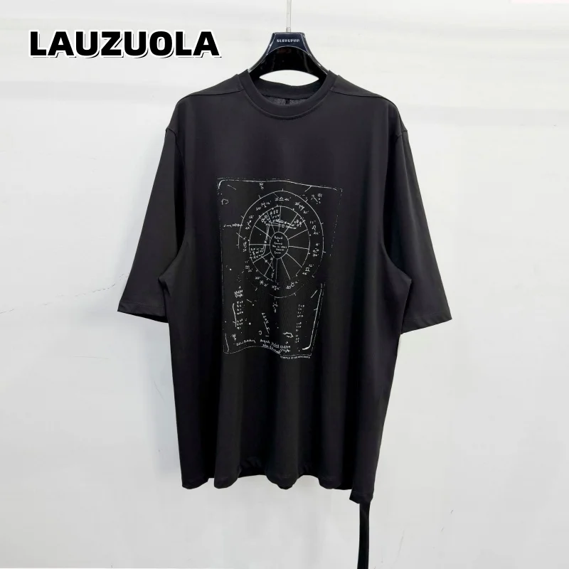 Oversized Star Map Print T-shirt Men Streetwear Cotton Short Sleeve Casual Tee with Ribbon Goth Constellation Graphic Tops