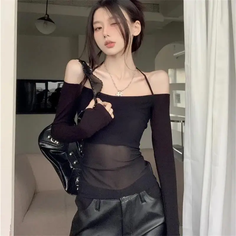 Long Sleeve Top Womens Halter 2023 Casual Tee Shirt Korean Trendy Off Shoulder T Shirts Femme Y2k Crop Top Streetwear Party Club