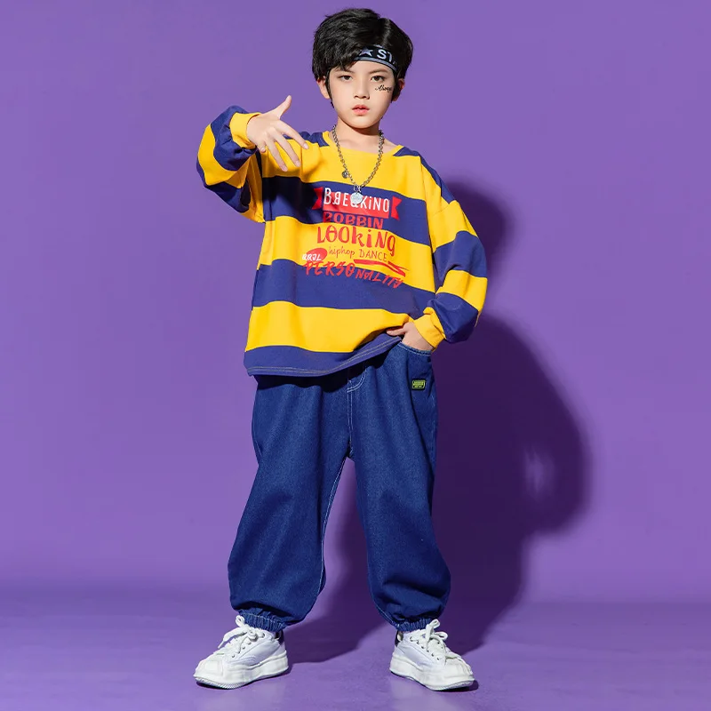 Boys' hip-hop suits,children's jazz dance costumes,loose striped long-sleeved costumes,skateboarding practice costumes