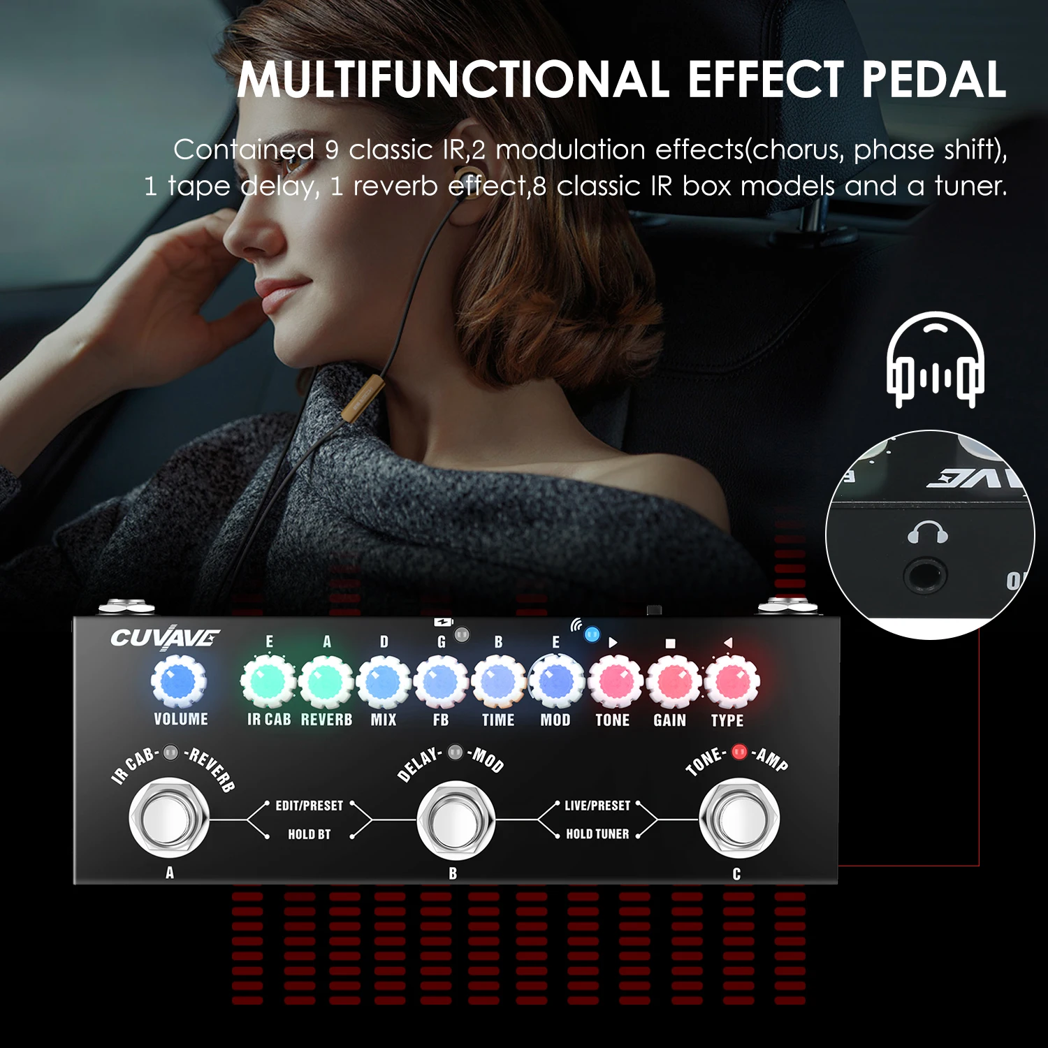 Cuvave Cube BABY Multi Effects Pedal for Electric Guitar/Bass/Acoustic Guitar 8 IR Cabinets Simulation M-vave Rechargeable Pedal