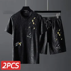 Summer Men's suit High-end Fashion Brand Casual Men's Personality Plum Embroidered T-shirt Set Slim-fit Shorts Two-piece Set