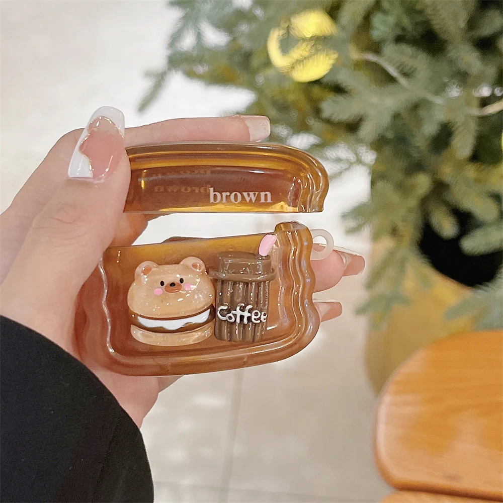 Korean Cute 3D Coffee Bear Clear Wave Case For Airpods 2  3 Pro 2 Earphone Case Charge Box Soft Wireless Bluetoon Back Cover