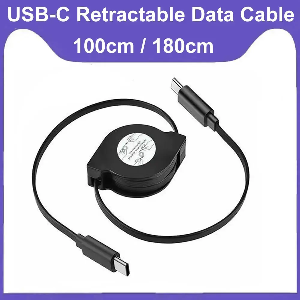 Cabo de Dados Retrátil USB C de 200cm PD 60W, Cabo de Carregamento Rápido USB-C para Type-C para Macbook, Telefone, Switch, Tablets e Mais