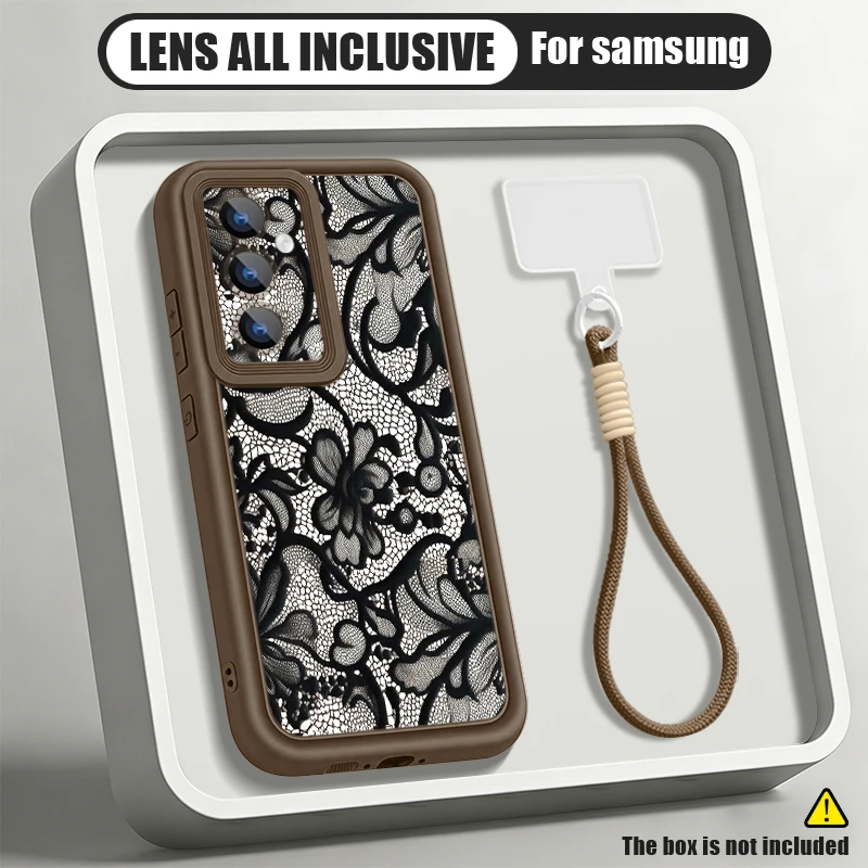 Black Retro Pattern Wrist Lanyard Case For Samsung Galaxy S26 S24 S25 Ultra S23 S25 S26 FE A57 A17 A56 A16 A37 A55 A15 TPU Cover