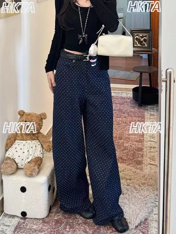 

American Retro Pocket Polka Dot Jeans 2026 Spring Summer New Fashion Commuter High Waist Wide Legs Loose Straight Pants Women