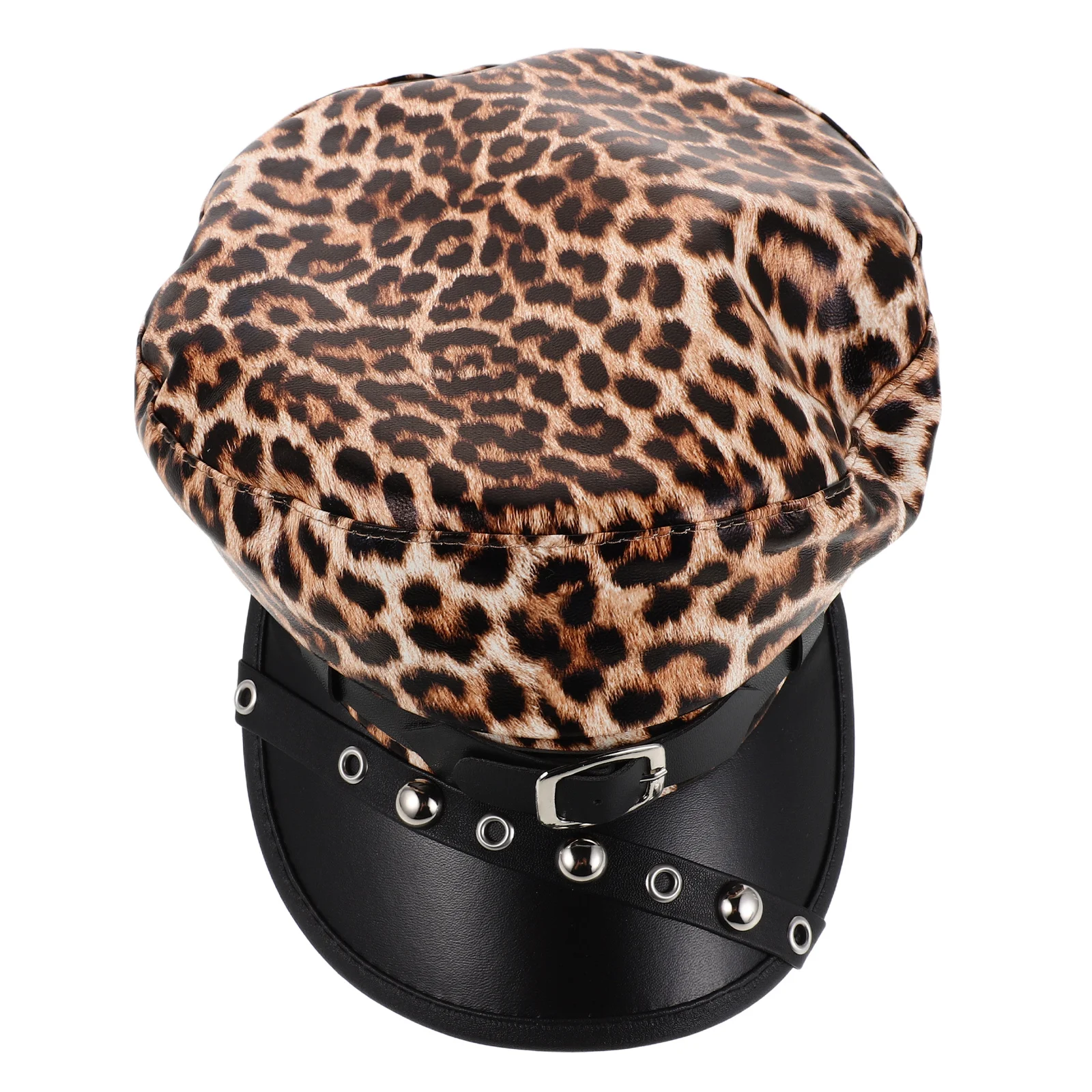 

Leopard Print PU Beret Cap Women Punk Studded Newsboy Hat Flat Top Cabbie Cap French Hat Style Berets for Women