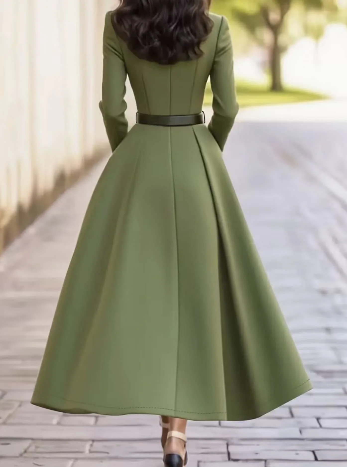 Women's Suit-Style Lapel V-Neck Mid-Length Dress with Long Sleeves, Cinched Waist with Belt, Large A-Line Hem, with Pockets, Suitable for Commuting, Formal Occasions, and Parties