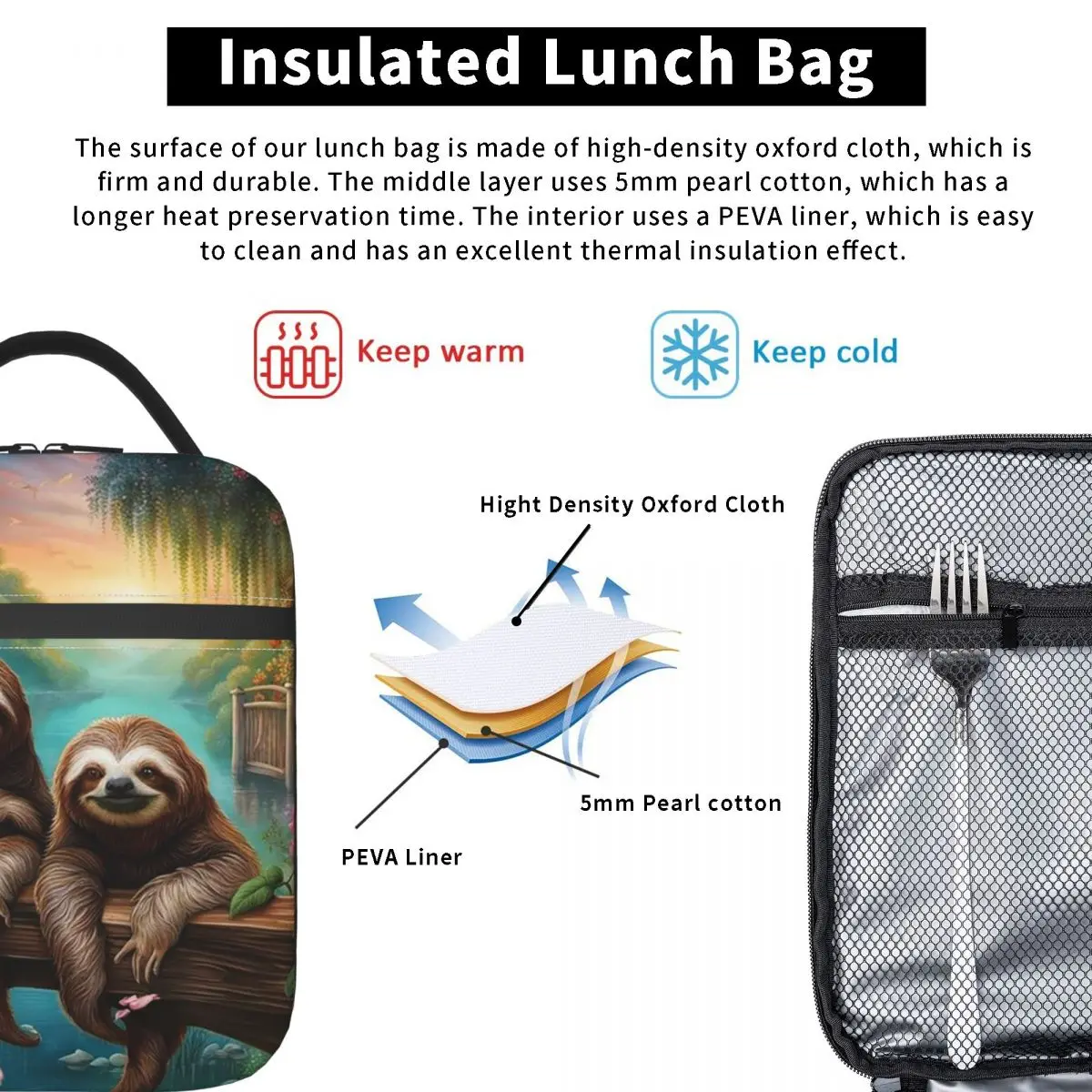 Lovely Sloth Print Insulated Lunch Bag for Women Kids Portable Food Boxes Thermal Lunch Box Tote